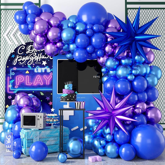 Purple Blue Balloon Arch Kit, Metallic Purple and Blue Balloons Garland Kit with Star Balloons Party Birthday Balloons for Boys Video Game Birthday Baby Shower Engagement Party Supplies