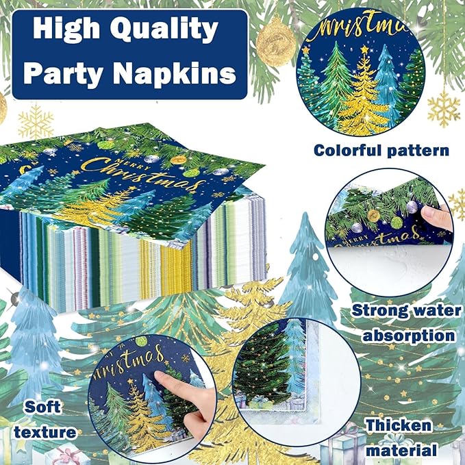 96pcs Christmas Pine Tree Paper Plates and Napkins - Xmas Party Decorations, Dessert Cake Snowflakes, Serves 24