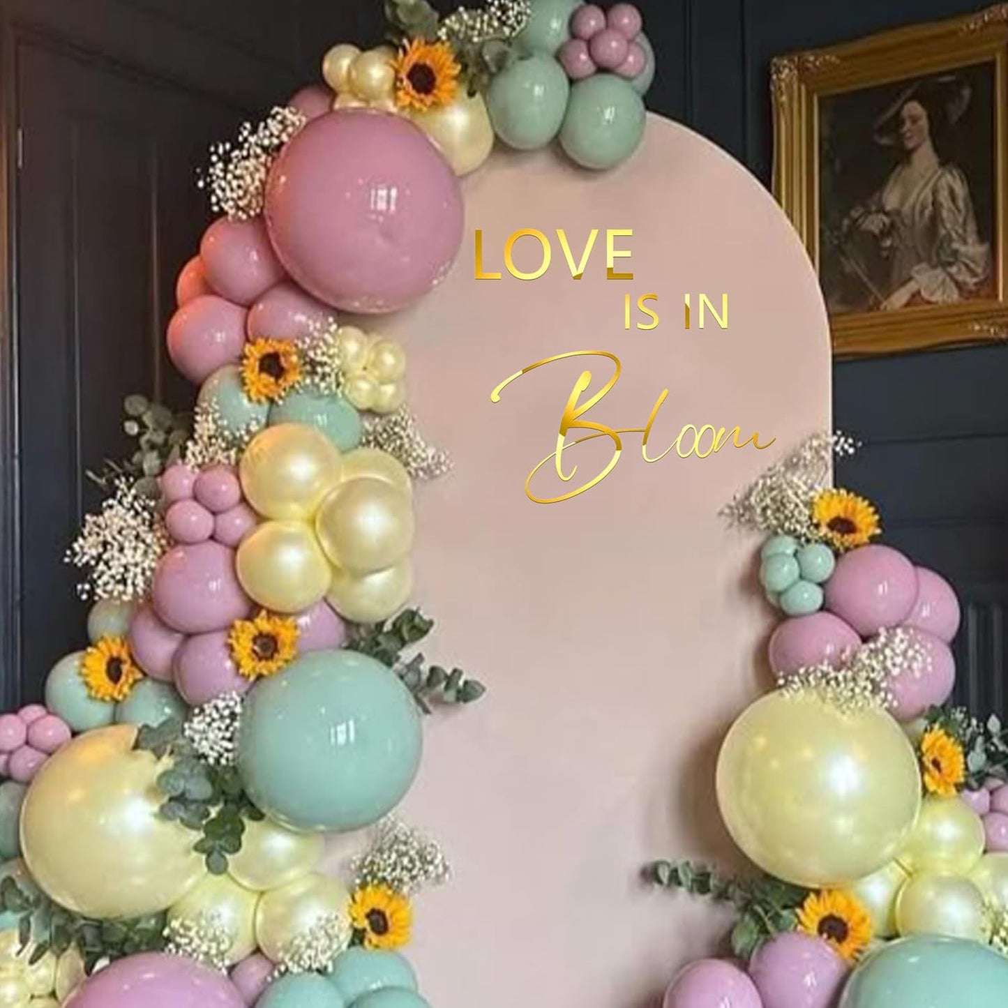 Love is in Bloom Decal - Bridal Shower Party Decoration Supplies, Bride-to-Be, Wedding, Bachelorette Party Wall Sticker, Gold Sign Bloom Decal Balloon Arch Decoration
