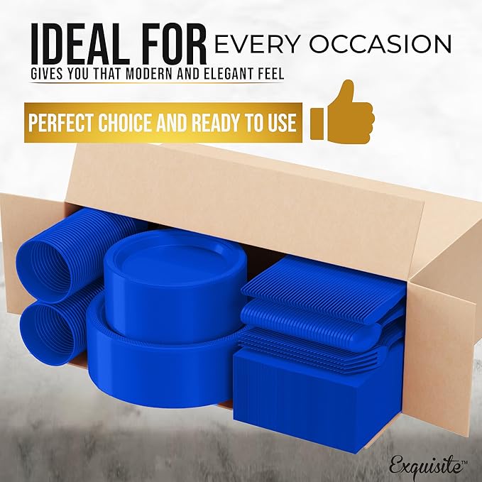 350 Pcs Dark Blue Plastic Plates For Party, Dark Blue Disposable Plates Set, 50 Of Each 9" Dinner Plate Set, 7" Dessert Plate, Cups, Napkins & Cutlery Plastic Dinnerware Exquisite