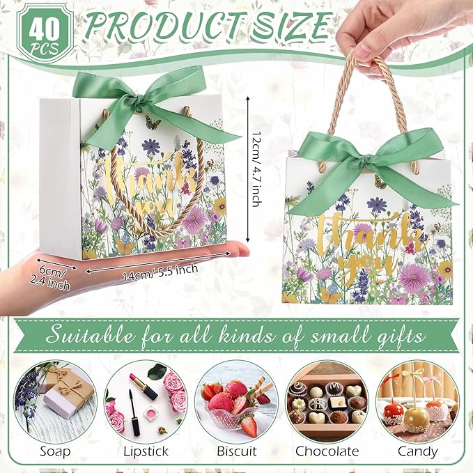 Moinchore 40 Pack Wildflower Thank You Gift Bags with Handles Small Thank You Party Favor Bags with Bow Wedding Welcome Tote for wedding Holiday Bridal Shower Party(Wild Floral)