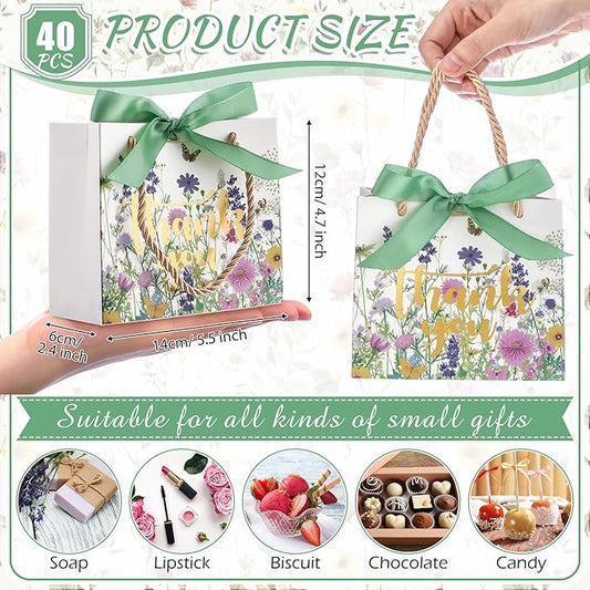 Moinchore 40 Pack Wildflower Thank You Gift Bags with Handles Small Thank You Party Favor Bags with Bow Wedding Welcome Tote for wedding Holiday Bridal Shower Party(Wild Floral)