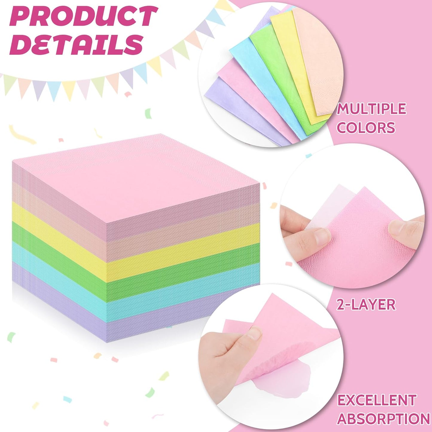 Resinta 120 Pieces Cocktail Napkin Pastel Rainbow Paper Napkins Beverage Luncheon Paper Napkins 2 Ply for Party Favors, 6 Colors