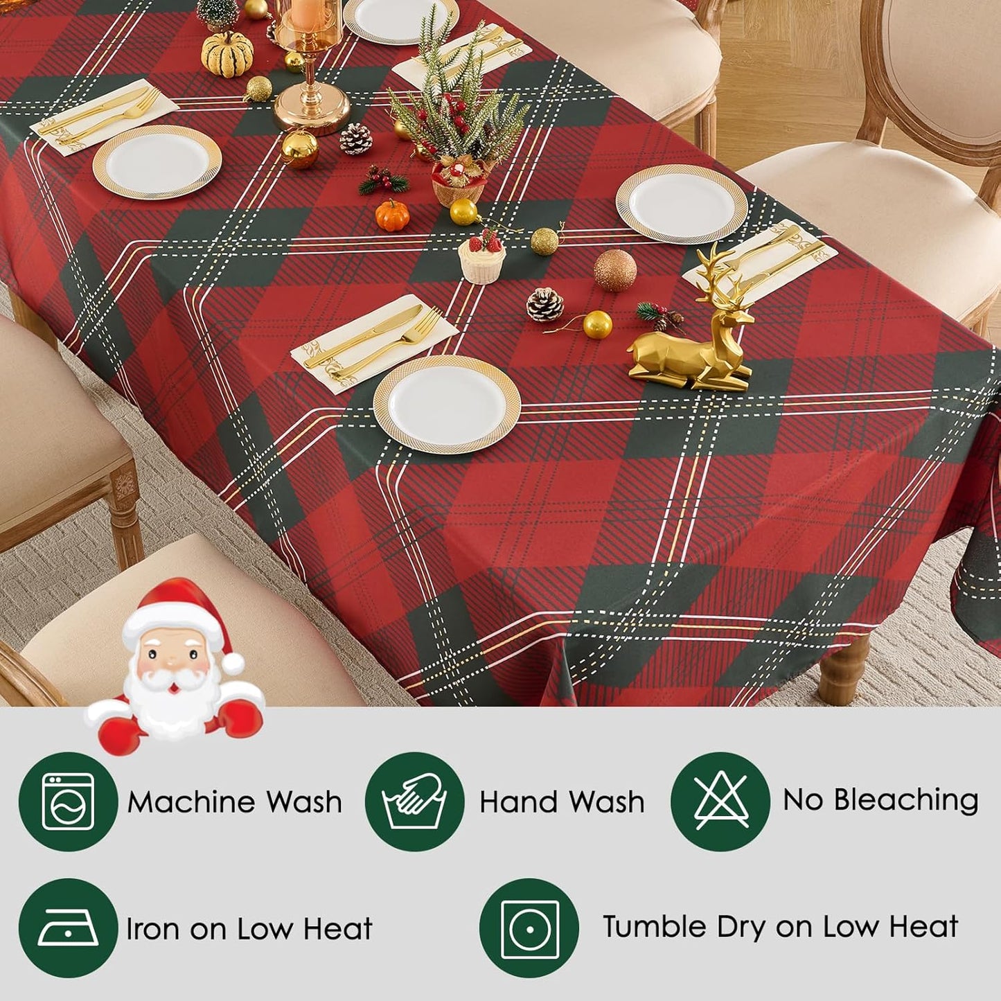 Christmas Tablecloth Rectangular 60x84 Inch Waterproof, Machine Washable Checkered Polyester Table Cover for Xmas Party, Winter Holiday Home Decoration in Festive Checkered Green 1pack