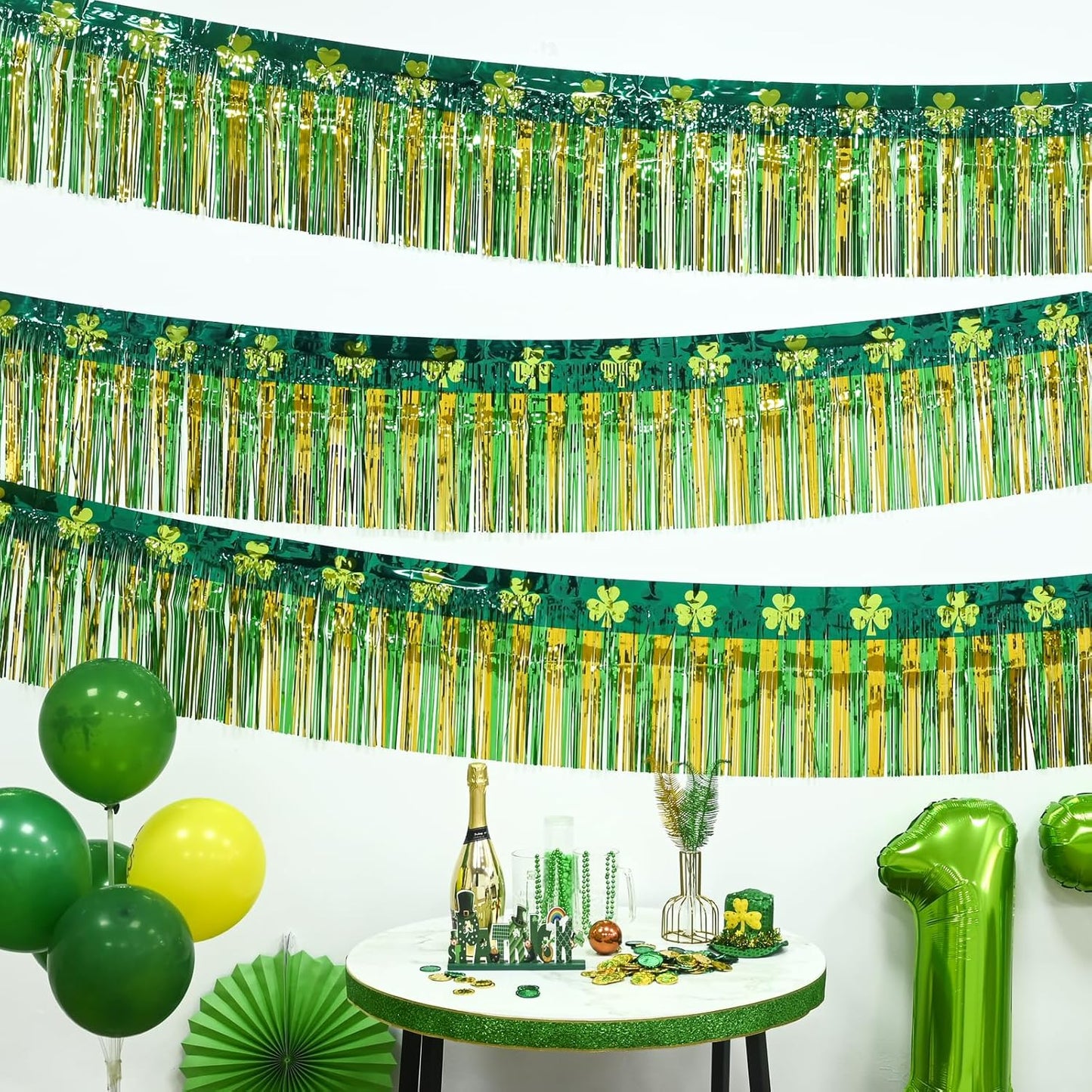 Mega-L St Patricks Day Decorations 4 Pack 78Ft Foil Fringe Garland Tinsel Banner, Green Gold Shamrock Pattern Metallic Hanging Backdrop Streamers Table Skirts for Birthday Party Parade Float Golf Cart