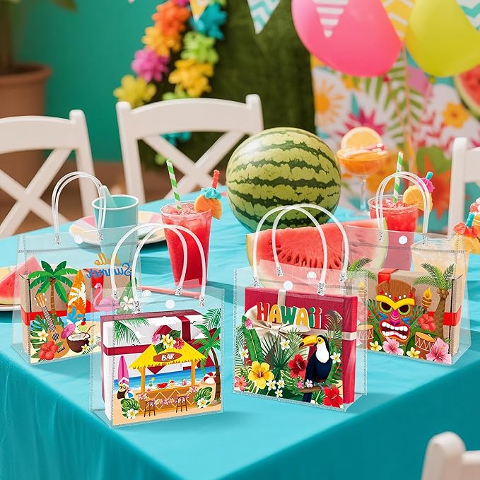H1vojoxo Summer Hawaiian Gift Bags - 24PCS Hello Summer Clear Gift Bags with Handle 7.9 x 3.2 x 7.9 Inch Reusable PVC Plastic Transparent Waterproof Tote Bag for Hawaiian Party Birthday Party Supplies