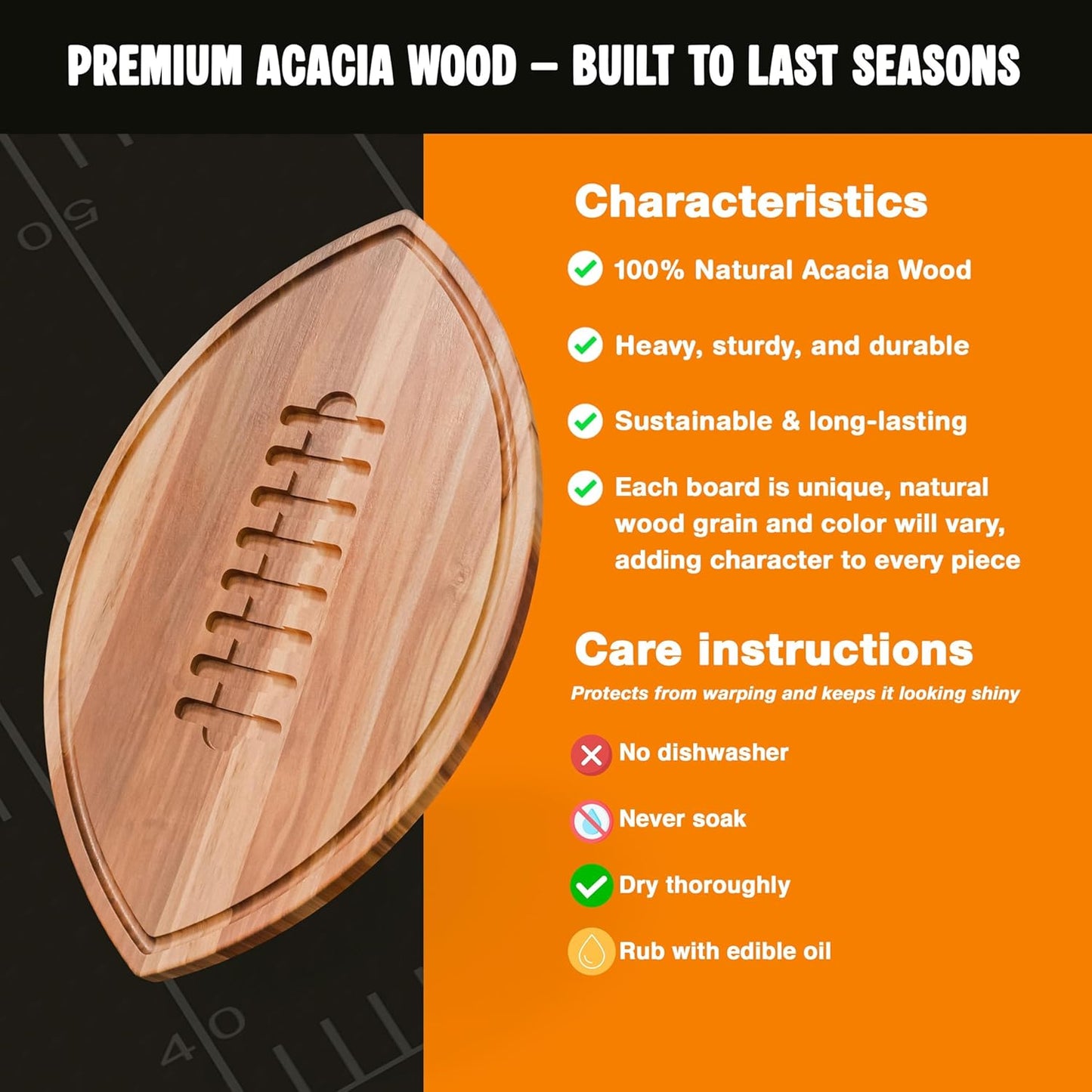 New – Football Shaped Cutting Board – Acacia Wood Charcuterie Tray – Wooden Football Serving Platter for Super Bowl Parties, Tailgate Hosting & Gifts