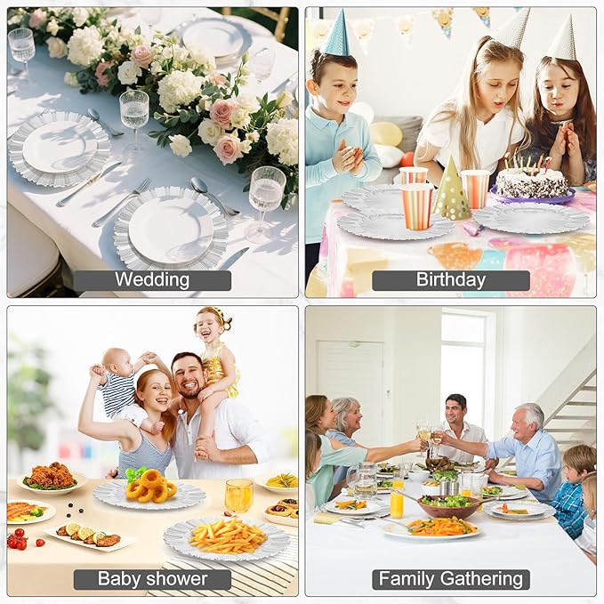 6 Pcs Silver Charger Plates,13 Inch Elegant Fluted Edge Plastic Charger Plates Reusable Table Chargers for Dinner Birthday Wedding Party Bridal Showers Tableware Dishes Luxury Decor