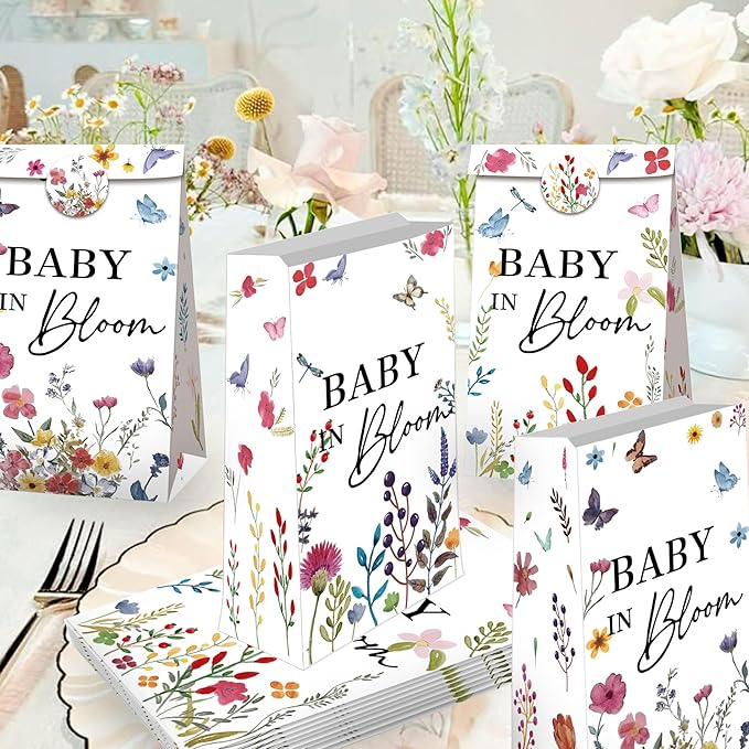 BACH AND BOUJEE 12 PCS Baby in Bloom Party Favors Gift Bags Floral Small Goodie Candy Bags with Stickers Wildflower Baby in Bloom Baby Shower Birthday Party Supplies