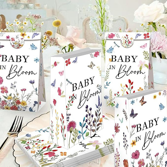 BACH AND BOUJEE 12 PCS Baby in Bloom Party Favors Gift Bags Floral Small Goodie Candy Bags with Stickers Wildflower Baby in Bloom Baby Shower Birthday Party Supplies