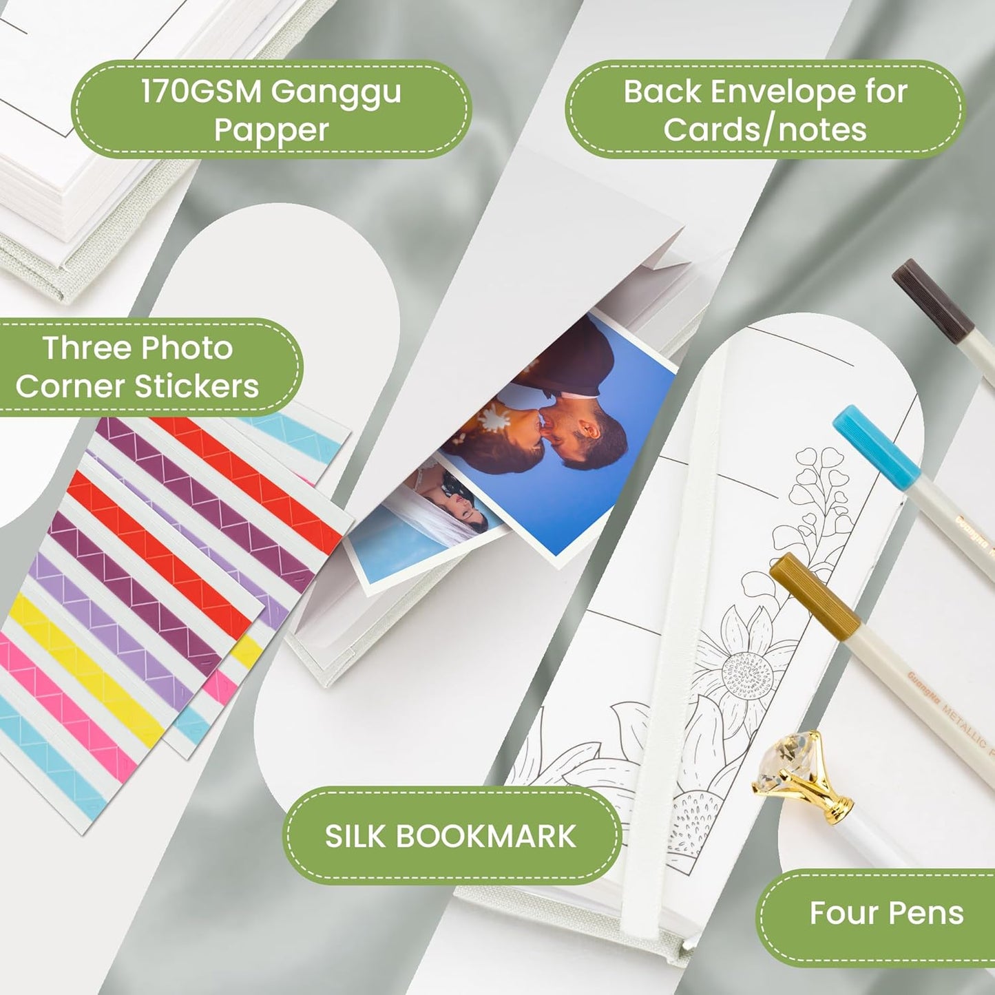 Embroidered Wedding Guest Book—The Perfect Polaroid Guest Book for Wedding Receptions， Birthdays, Baby Showers, and Special Events with 3 Photo Corner Stickers+ 3 DIY pens+1 Diamond Pen(Cream)