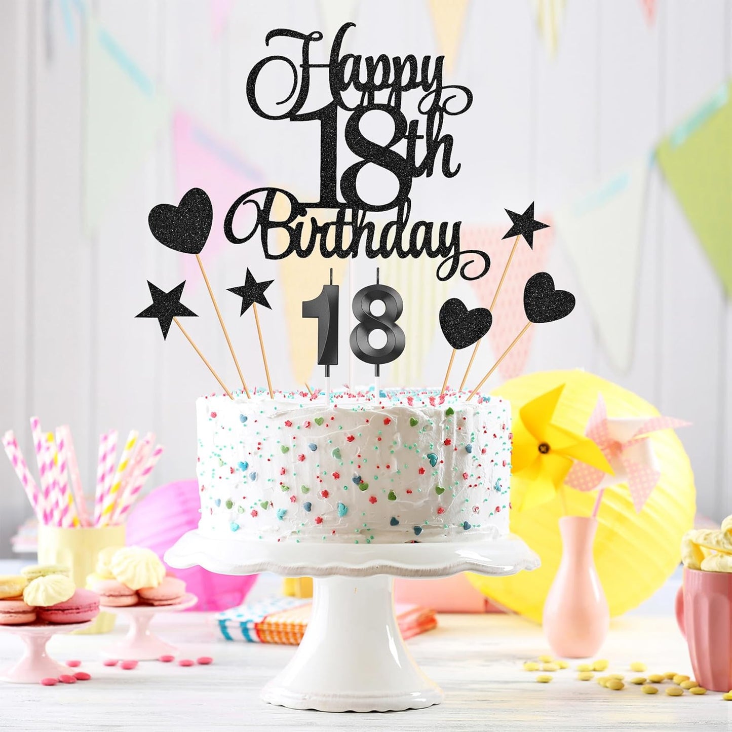 18th Birthday Cake Decorations, 18th Birthday Candles Cake Numeral Candles and Glitter Happy 18th Birthday Cake Toppers Set for Birthday Party Supplies (Black)