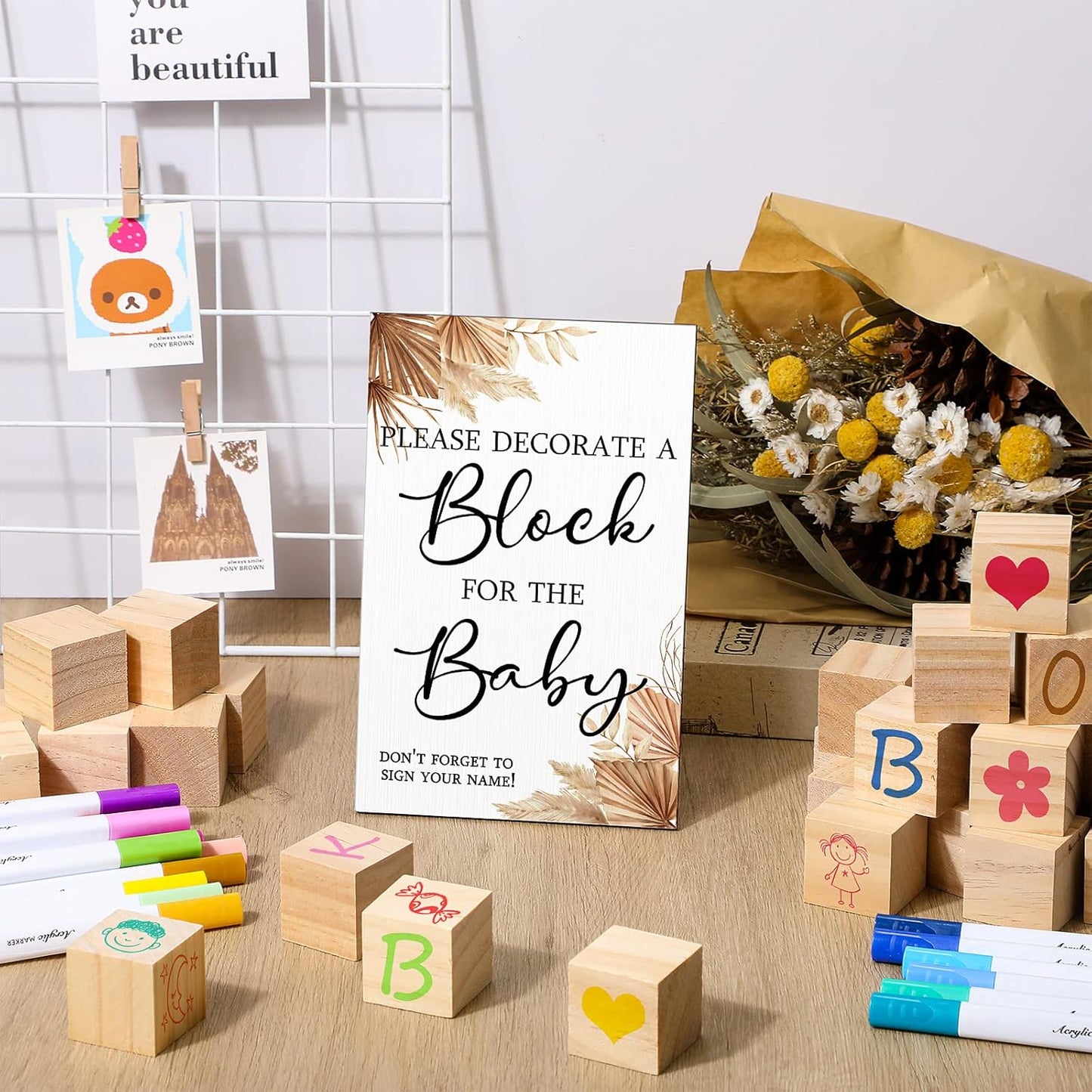 Tatuo 75 Pcs Baby Shower Games Sign Kit Including Decorate a Block Game Sign 50 DIY Wooden Block 24 Acrylic Paint Marker Baby Shower Prize for Gender Reveal Party(Boho)