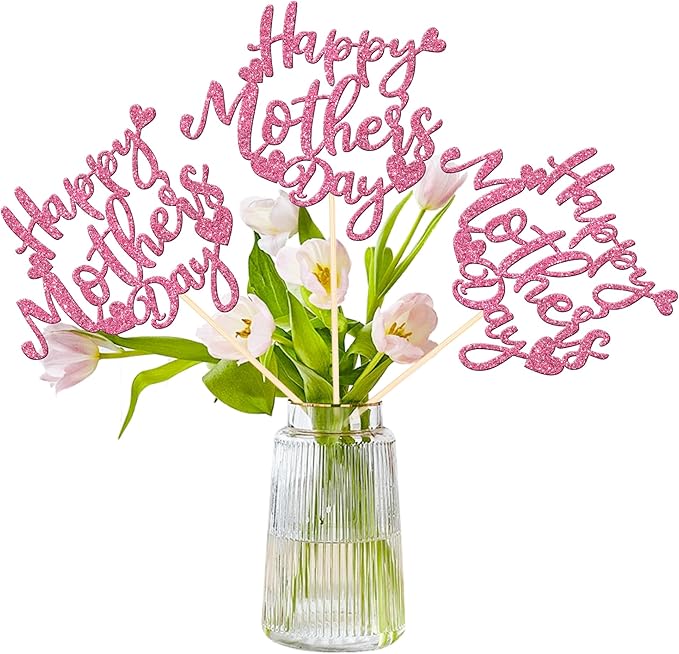 12 PCS Happy Mother's Day Centerpiece Sticks Double Sided Glitter Love Mother Best Mom Centerpieces for Happy Mother's Day Theme Table Flower Decorations Birthday Party Supplies Pink