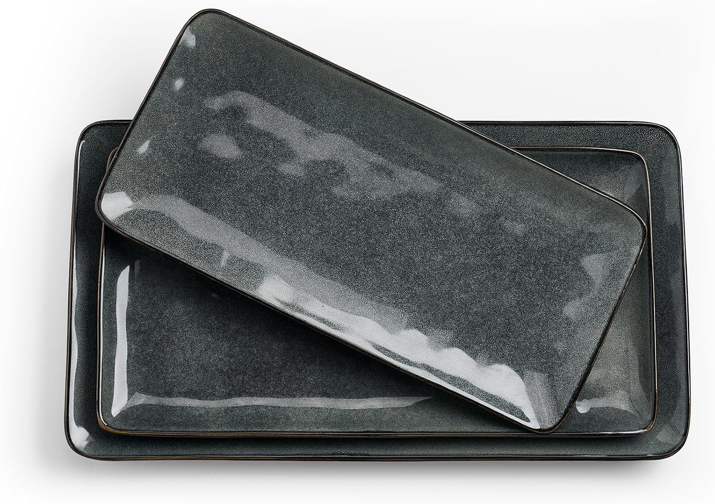 famiware Serving Platter, Rectangular 15.67/14.1/12.6inch Serving Dishes for Entertaining, Dishwasher Safe, Stoneware Serving Trays for Party, Food, Turkey, Snack, Cheese, Reactive Glaze, Deep Forest