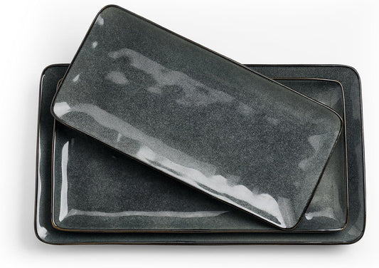 famiware Serving Platter, Rectangular 15.67/14.1/12.6inch Serving Dishes for Entertaining, Dishwasher Safe, Stoneware Serving Trays for Party, Food, Turkey, Snack, Cheese, Reactive Glaze, Deep Forest