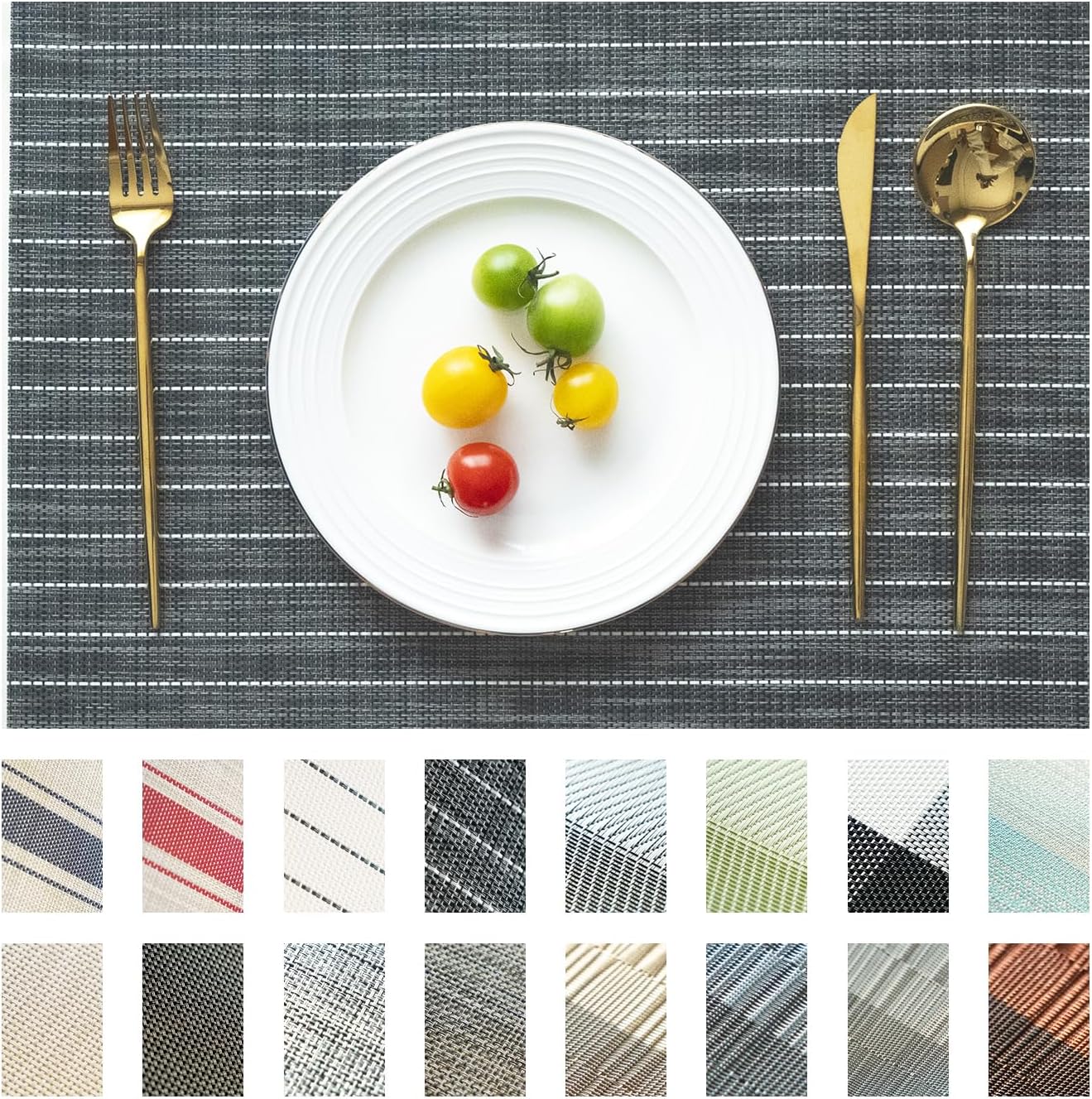 Placemats Set of 4 Vinyl/Plastic Woven Place Mats for Kitchen Table Indoor/Outdoor Washable Placemat Wipeable Dining Table Mats (Black Stripes,4)