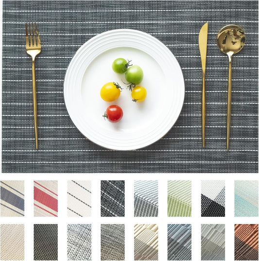 Placemats Set of 4 Vinyl/Plastic Woven Place Mats for Kitchen Table Indoor/Outdoor Washable Placemat Wipeable Dining Table Mats (Black Stripes,4)