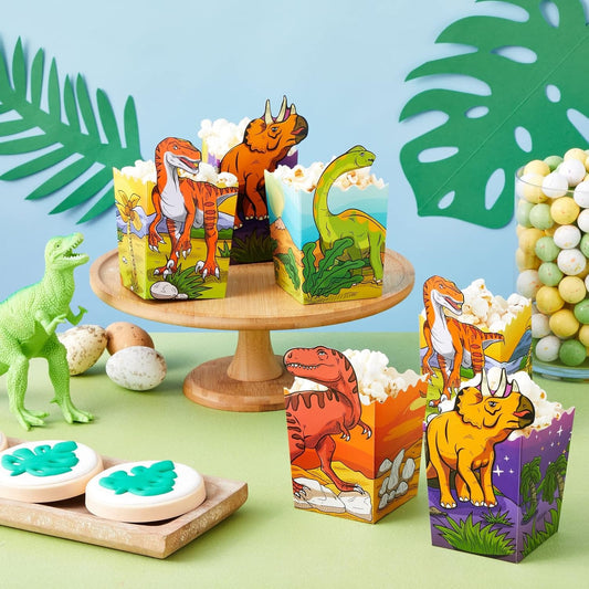 BLUE PANDA Dinosaur Popcorn Boxes - 60 Pack, Multicolor, 4 Designs - Bulk Popcorn Boxes for Dinosaur Birthday Party Supply & Reusable Snack Holder