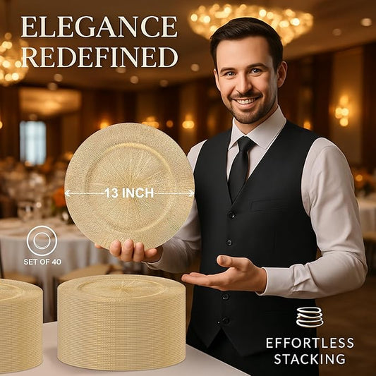 JEVERGN 40 Pack Gold Charger Plates Bulk, 13" Plating Linear Chargers for Dinner Plates, Gold Plate Chargers Set of 40, Round Plastic Charger for Wedding, Party Event, Dinner, Table Setting