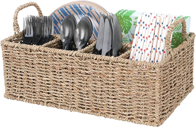 Wicker Party Silverware Caddy, Handwoven Seagrass Cutlery Utensil Holder with Handles, Kitchen Countertop and Picnic Flatware Organizer