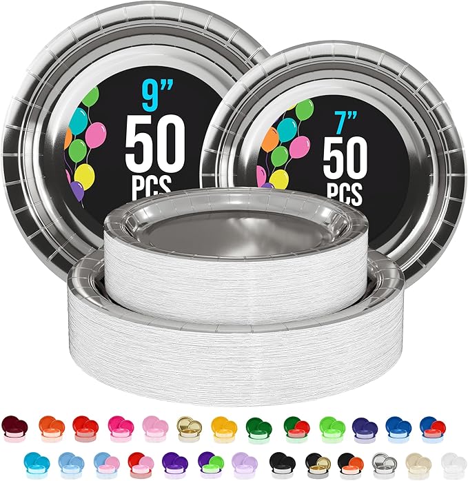 Exquisite Silver Paper Plates Disposable Heavy Duty 100 Pcs - 50-7" & 50-9" Silver Disposable Plates For Party Heavy Duty Paper Plate 350 GSM Birthday Party Supplies Plate Set