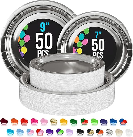 Exquisite Silver Paper Plates Disposable Heavy Duty 100 Pcs - 50-7" & 50-9" Silver Disposable Plates For Party Heavy Duty Paper Plate 350 GSM Birthday Party Supplies Plate Set