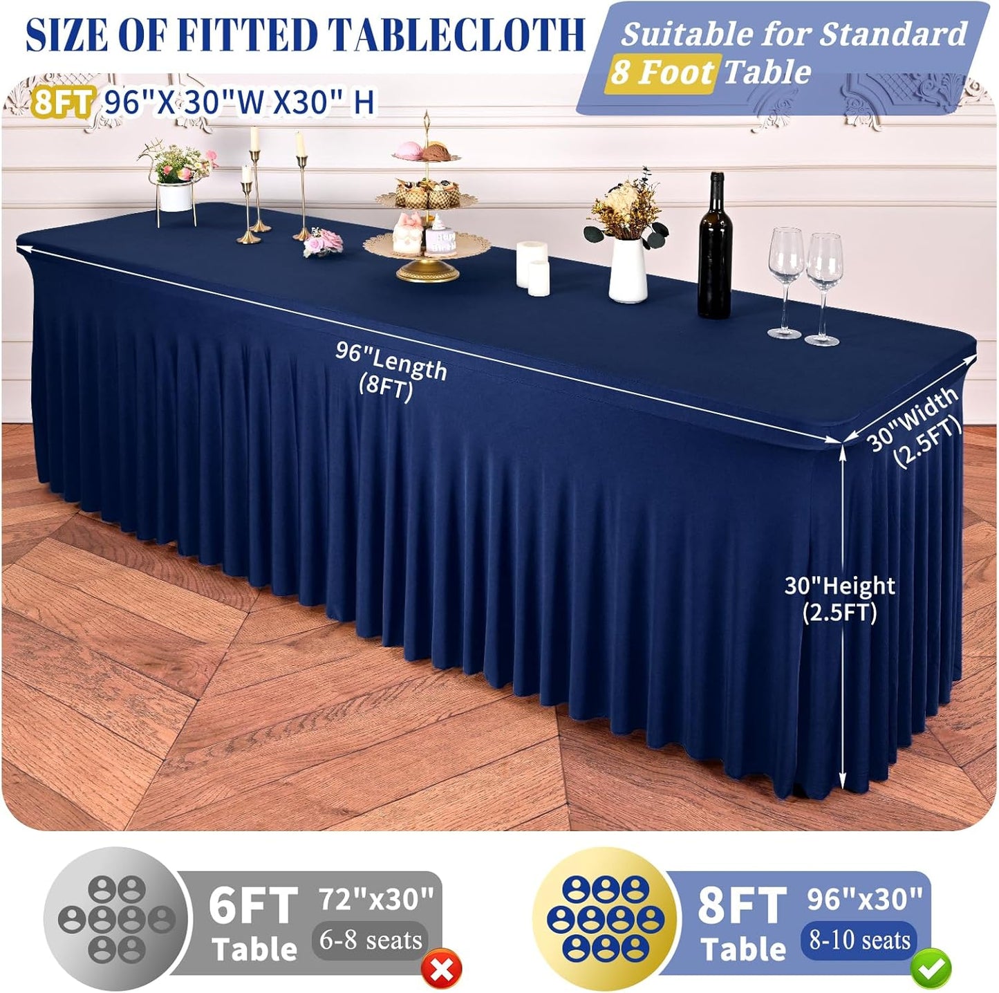 2 Packs Navy Blue Stretch Table Skirts for 8 Foot Rectangle Table, Washable Spandex Stretch Tablecloths with Skirt, Wrinkle Resistant Fitted Tablecover for Wedding Party Banquet