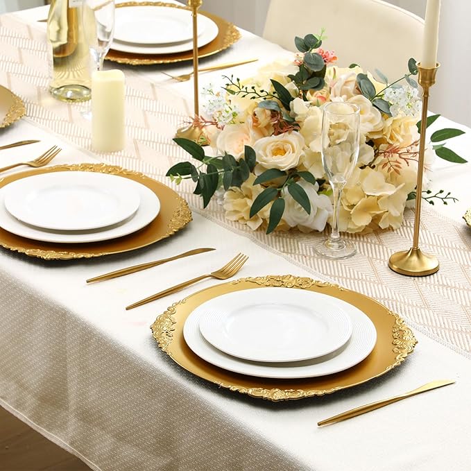 Jinei 36 Pack Gold Charger Plates 13 Inch Plastic Embossed Round Charger Plates Wedding Table Decoration Reusable Dinner Plate Tray for Birthday Party Holiday Event