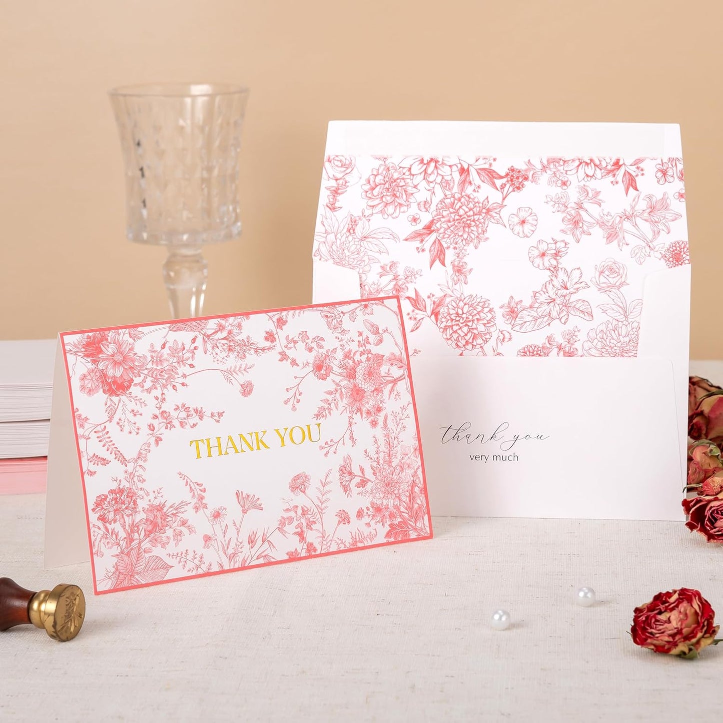 Crisky Pink Floral Thank you cards Gold Foil Greeting Notes Bulk with Envelopes(50 Pack) for Birthday, Baby Shower, Bridal Shower, Wedding, Graduation
