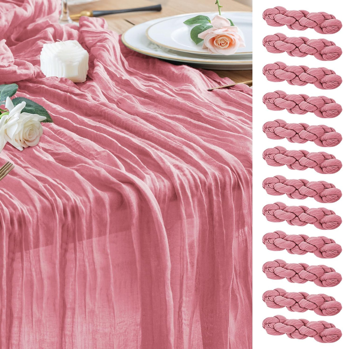 Wokceer Cheesecloth Table Runner 12Pack 10FT Dusty Rose Boho Gauze Cheese Cloth Table Runner for Party Long Rustic Sheer Table Runners for Baby Bridal Shower Wedding Easter Table Decor