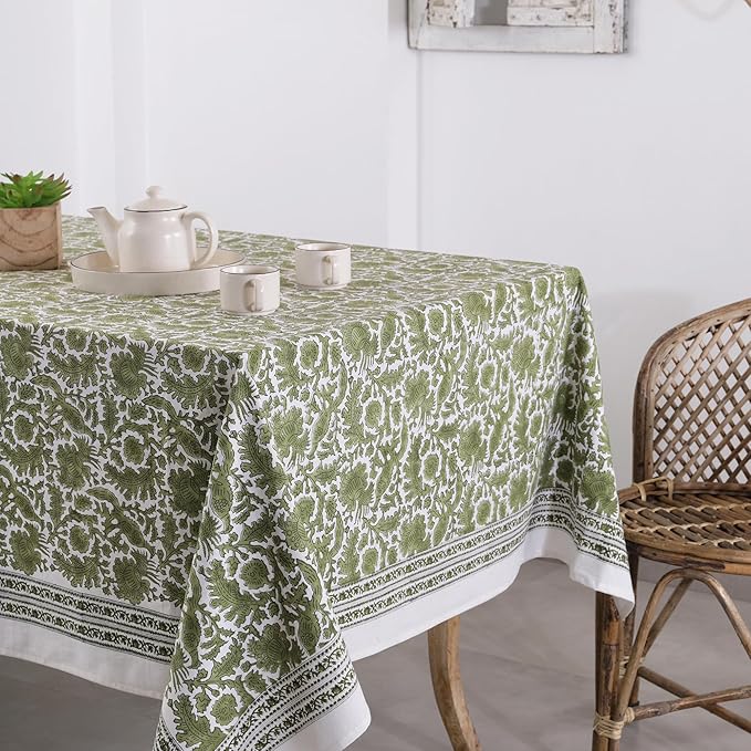 Labhanshi Indian Handblock Print Floral Cotton Rectangle 72x135 Inch 10-Seater Dining Tablecloth|Washable Fade-Resistant Picnic Outdoor Camping Festive Holiday Fall Table Cover|Moss Green Bird