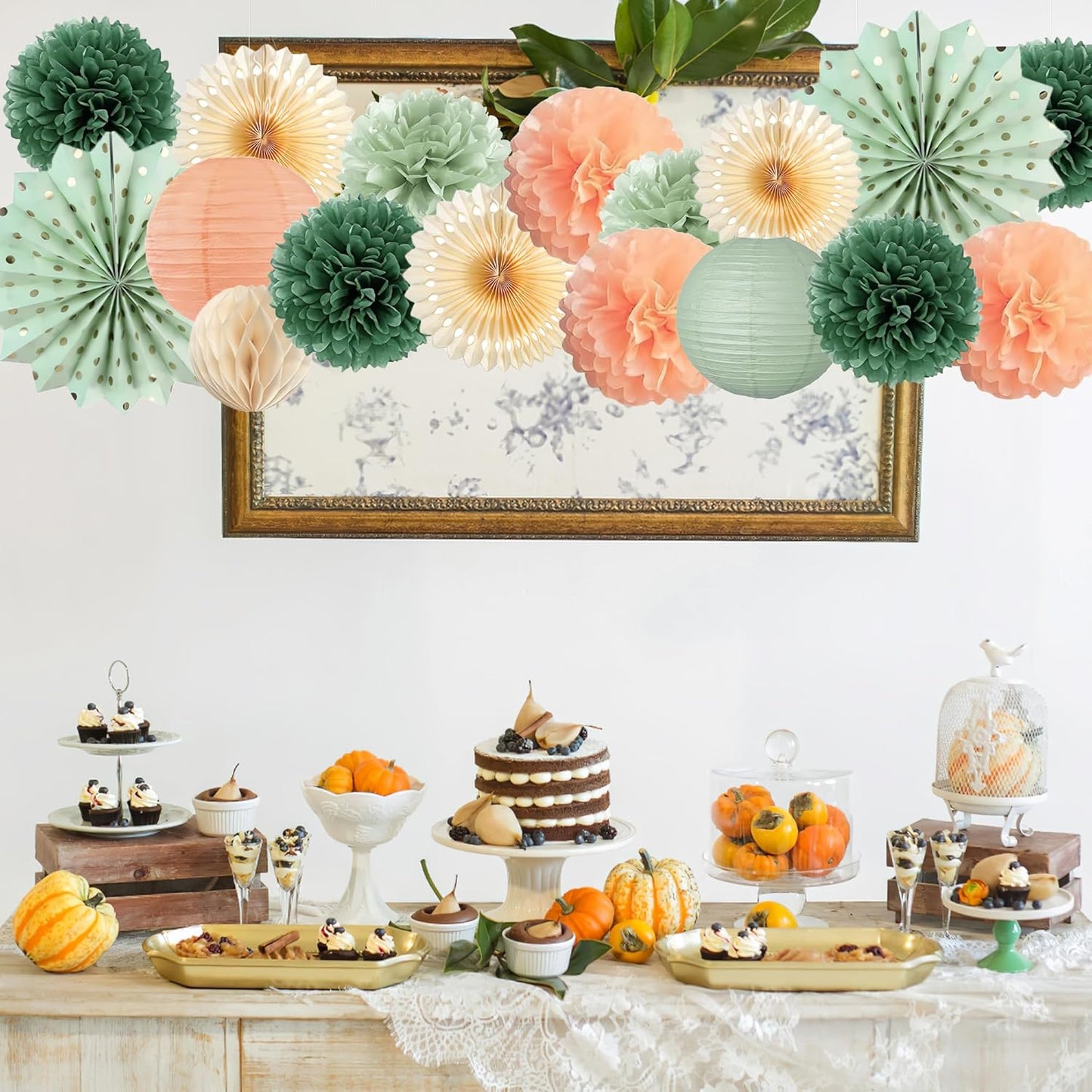 Sage Green and Peach Party Decorations Green and Peach Paper Fans Paper Lanterns Pom Poms Flowers for Baby Shower Birthday Wedding Engagement Party