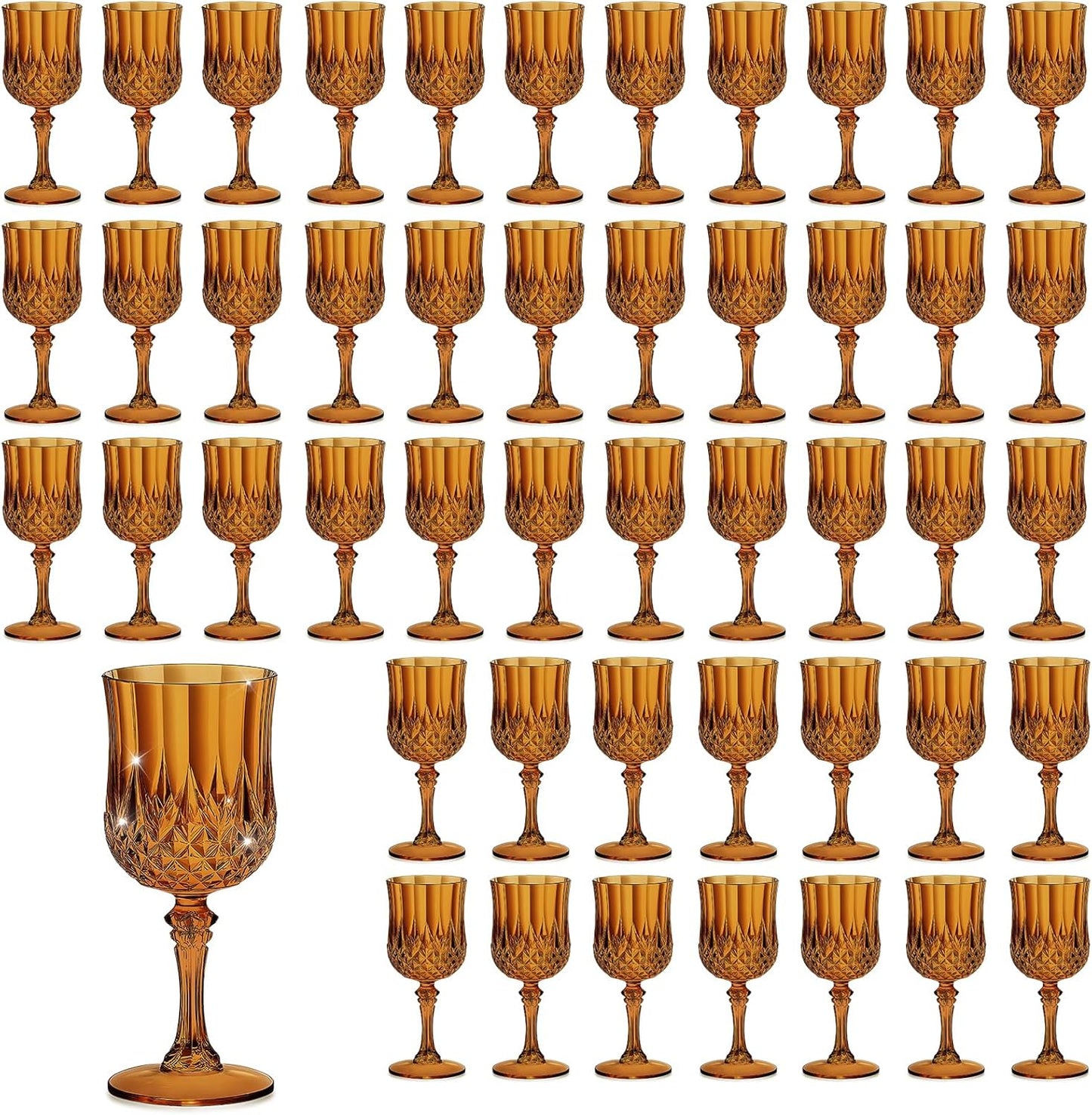 48PCS 7OZ Amber Wine Plastic Glasses, Drinking Champagne Glasses Flutes Crystal Vintage Water Unbreakable Goblets for Wedding, Parties