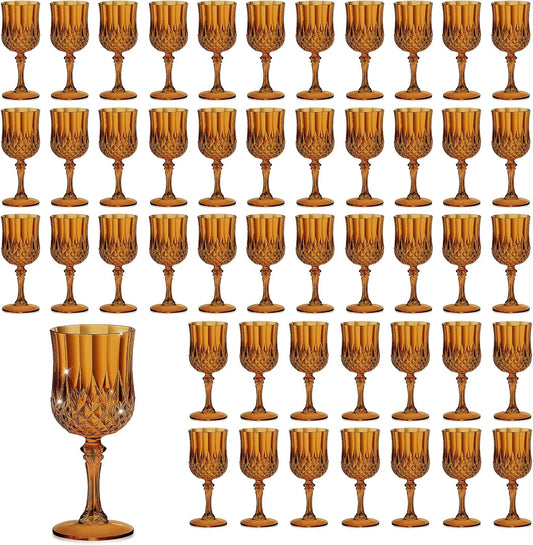 48PCS 7OZ Amber Wine Plastic Glasses, Drinking Champagne Glasses Flutes Crystal Vintage Water Unbreakable Goblets for Wedding, Parties