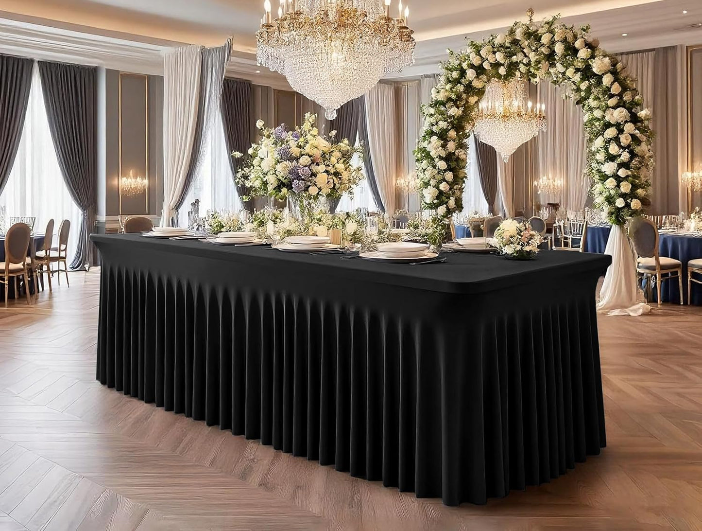 2 Packs Black Stretch Table Skirts for 8 Foot Rectangle Table, Washable Spandex Stretch Tablecloths with Skirt, Wrinkle Resistant Fitted Tablecover for Wedding Party Banquet