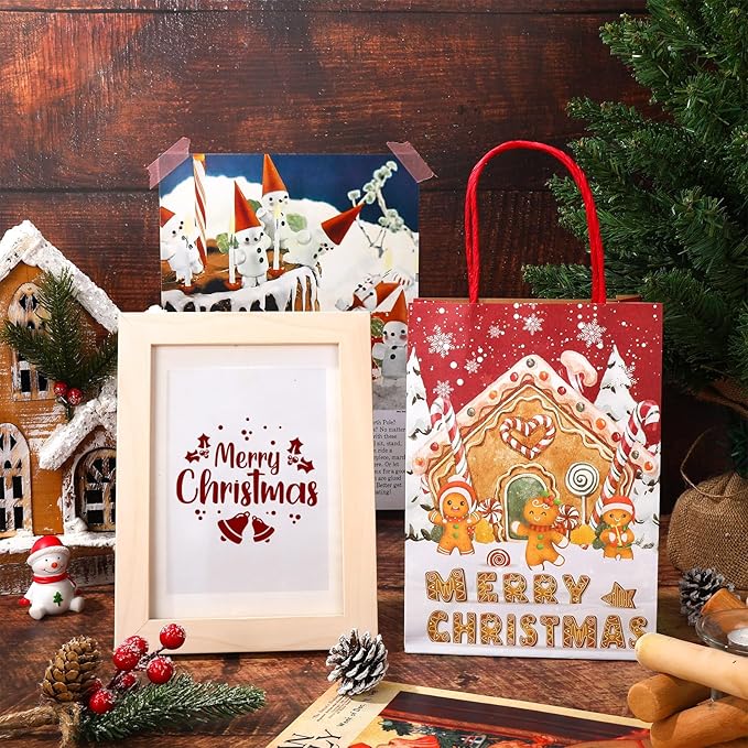 JarThenaAMCS 24Pcs Christmas Gingerbread Paper Gift Bags Merry Christmas Treat Bags with Handles Winter Snowy Candy Goodie Bag Grocery Bag for Xmas Party Supplies