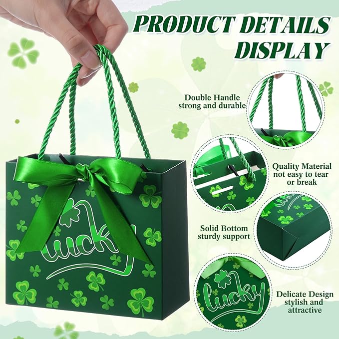 Moinchore 30 Pcs St Patrick's Day Gift Bags Bulk with Handles Bow Ribbon Wrap 5.5 x 4.7 x 2.5 in Green Shamrock Goodie Bags Irish Holiday Party Favors Supplies for Candy Snacks