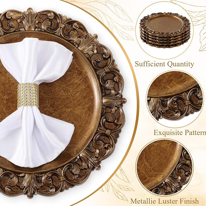 50 Pcs Antique Gold Charger Plates Bulk 13 Inch Embossed Rim Plastic Round Decorative Vintage Plates Charger for Dinner Wedding Party Event Table Setting Decoration (Vintage)