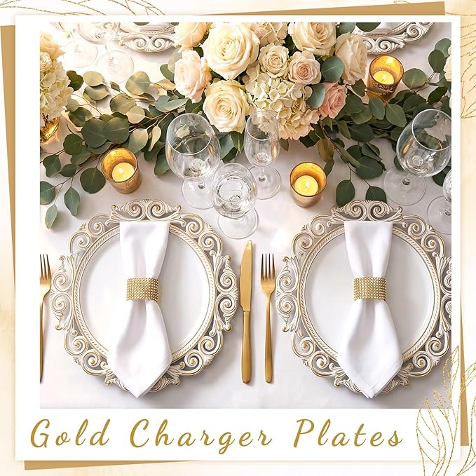 12 Pcs Antique White Charger Plates Bulk 13 Inch Embossed Rim Plastic Round Decorative Plates Charger for Dinner Wedding Party Event Table Setting Decoration (Hollowed out Wave)