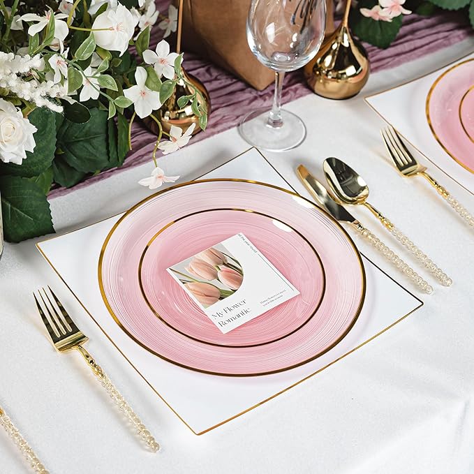 N9R 60PCS Pink Plastic Plates with Gold Rim – 30 Dinner & 30 Dessert Plates, Circular Ribbed Design, Elegant Disposable Plates for Weddings, Events, Banquets, Special Occasions (Translucent Pink)
