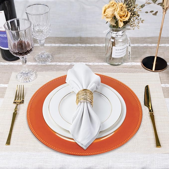 MAONAME Orange Charger Plates, Round Dinner Charger with Beaded, 13 Inch Plastic Plate Chargers for Wedding, Table Decor, Set of 6