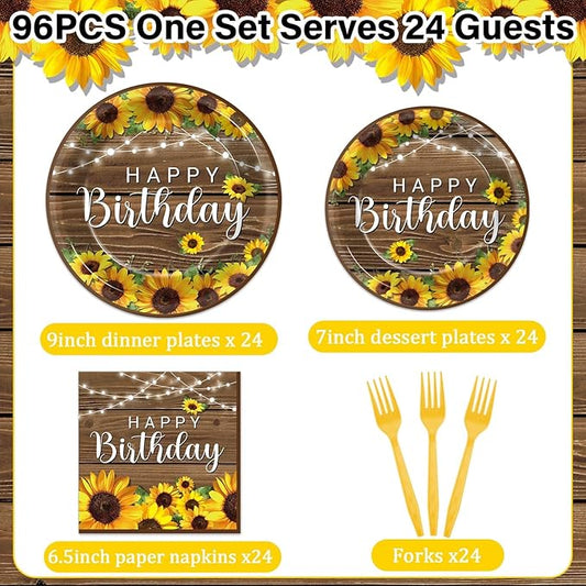 96Pcs Sunflower Birthday Party Supplies Sunflower Birthday Paper Plates Napkins Wood Grain Themed Party Decorations Wood Grain Dinnerware Party Favor Tableware Serves 24