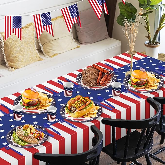 Childom Patriotic Party Supplies,152Pcs American Flag Themed Party Set,Patriotic Party Decorations,American Flag Tablecloth,4th of July Plates Cups,Red White and Blue Decor for Outside,Picnic,Memorial
