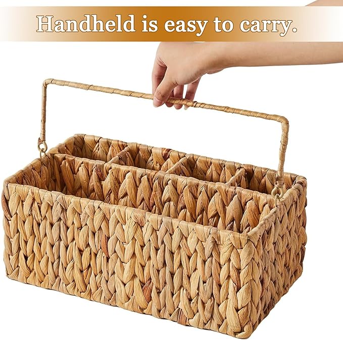 Silverware Organizer,Hand-Woven Wicker Kitchen Utensil Caddy with Handle,Cutlery Holder for Party Camping,Flatware Spoon Condiment Basket,Water Hyacinth Utensil Holder for Kitchen Counter