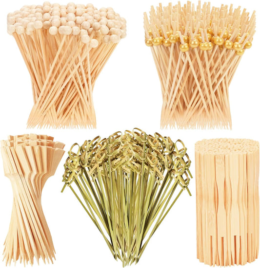 500PCS Cocktail Picks, 4.7" Eco-friendly Natural Bamboo Ball Food Picks, Fancy Toothpicks for Appetizers, Drinks Party Fruit, Bamboo Gold Ball Food Sticks Charcuterie Boards Accessories