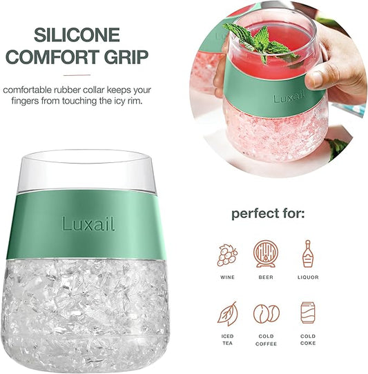 Wine Glasses, Plastic Wine Glasses Set of 2, Wine Gifts, Double Wall Insulated Freezer Tumbler, Stemless Freezer cups for Red and white Wine, 8.5 Oz, Sage Green