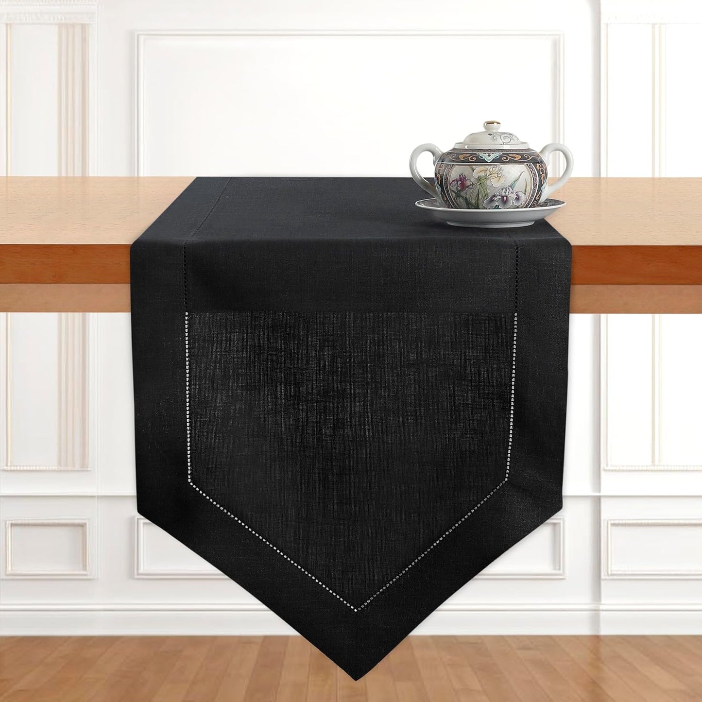 D'Moksha Homes Black Linen Table Runner 72 Inches Long - 100% Pure Linen Diamond Table Runner 14 x 72 Inch for Dining, Fall and Halloween - Machine Washable