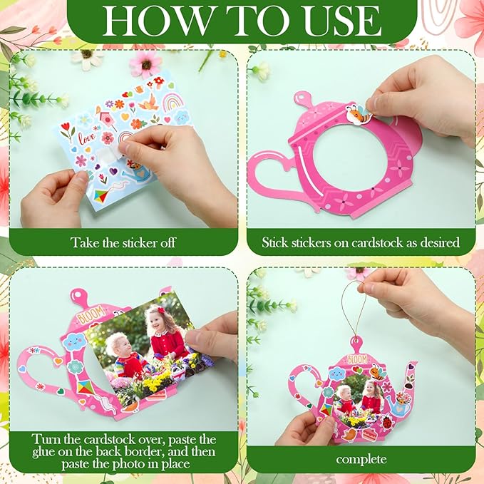 Jetec 48 Sets Spring Tea Pot Picture Frames Craft Kit DIY Photo Frames Sticker Craft Make Your Own Paper Picture Frame for Home Activities Party Favors Decorations(Vivid Color)