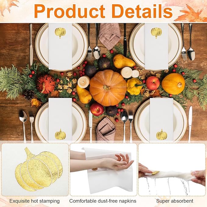 Janlaugh 100 Pcs Gold Thanksgiving Linen Disposable Bathroom Hand Towels Pumpkin Maple Leaves Foil Stamped Guest Napkins 12"x17" Paper Towels for Bathroom Home Lunch Dinner Kitchen(Pumpkin)